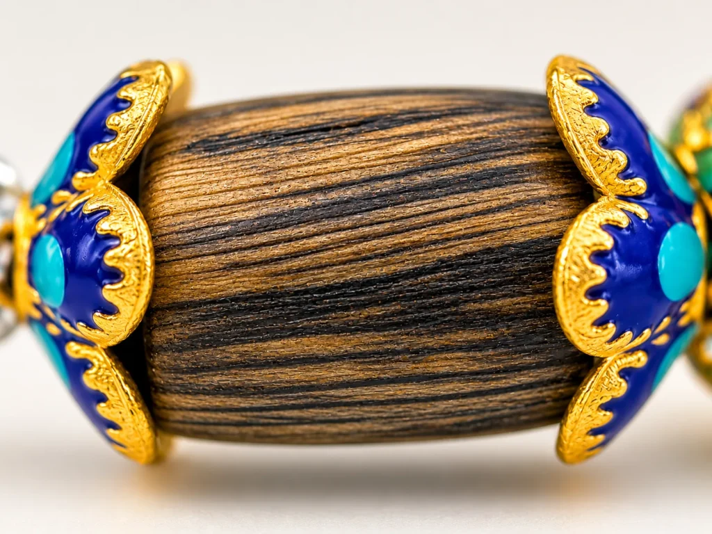 Close-up of natural grain on a kynam agarwood bead; grain varies from bead to bead