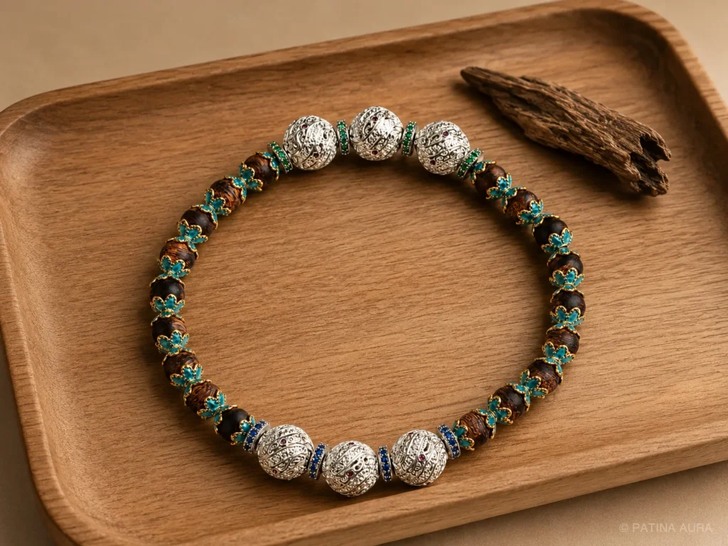 Kynam agarwood bracelet displayed with a natural piece of agarwood